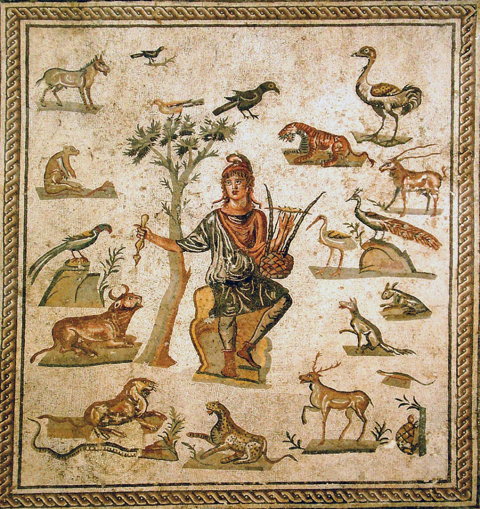 Orfeo è circondato da animali selvaggi e domestici. Tutti lo ascoltano come racconta il mito. E' un mosaico romano da Palermo. Fotografia di Giovanni Dall'Orto.
