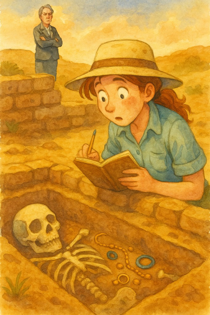 Un'archeologa giovane scruta con meraviglia uno scheletro sepolto in un sito archeologico, mentre annota impressioni su un quaderno. Sullo scheletro ci sono alcuni gioielli, mentre un supervisore osserva in background.